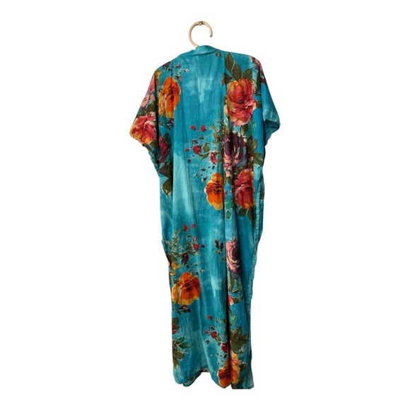 Aqua Bold Floral Split Neck Button Womens Kaftan Aloha Tropical Cover Up OSFA - Picture 6 of 11